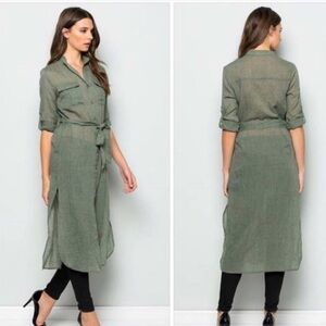 Sheer button down belted top. Olive. Small